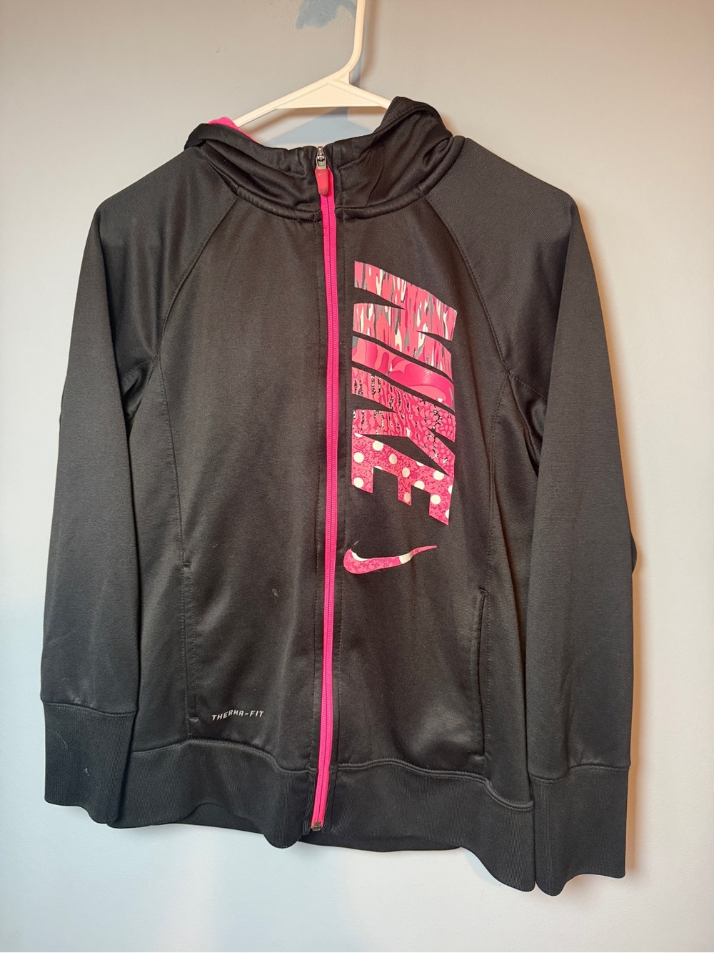Nike Black Hooded Zip Jacket with Pink Logo